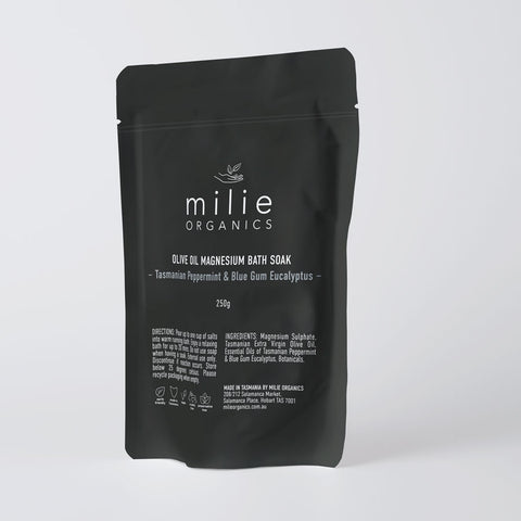 Olive Oil Magnesium Soak Tasmanian Peppermint Blue Gum essential oils
