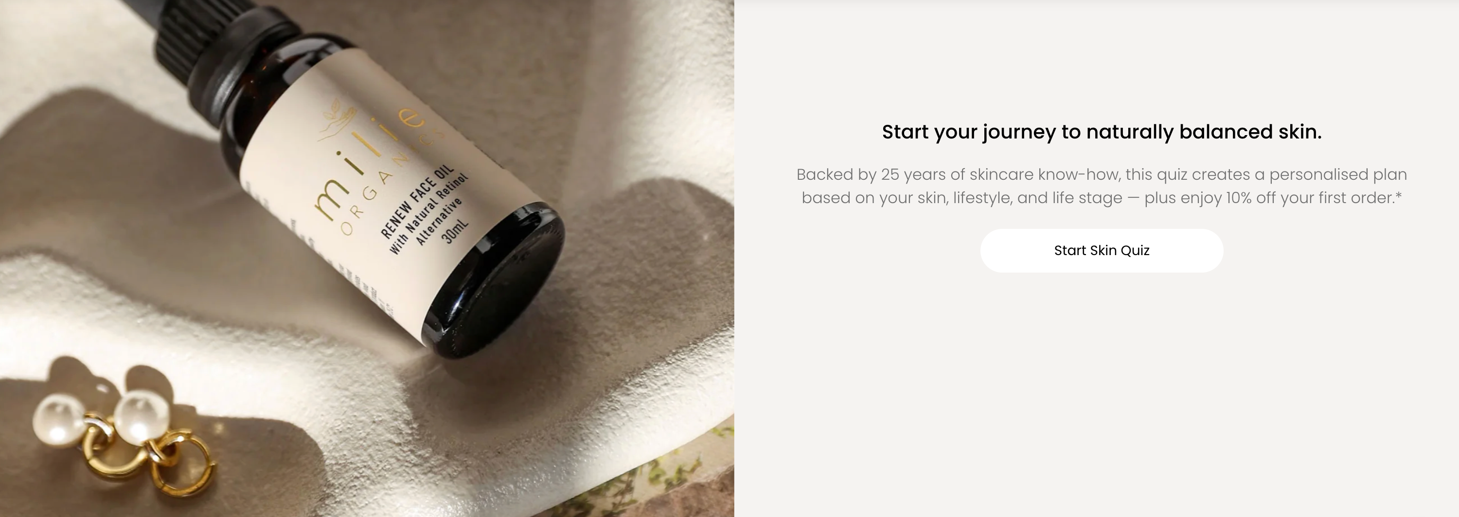 Milie Organics Renew Face Oil bottle on a textured cream surface with gold and pearl earrings, next to text introducing the personalised skin quiz.